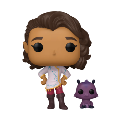 Funko Pop de personagem com roupa colorida e pequena figura roxa