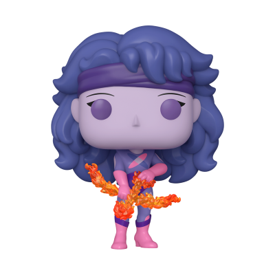Figura Pop Funko com cabelo azul e efeitos de fogo nas mãos