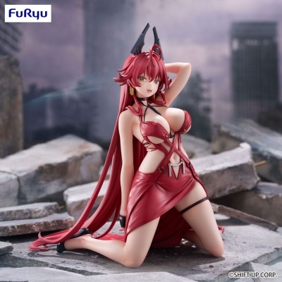 Figura colecionável feminina com vestido vermelho e cabelo comprido vermelho em cenário de pedras e ruínas.