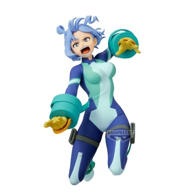 Figura colecionável feminina de personagem com roupa futurista azul e verde