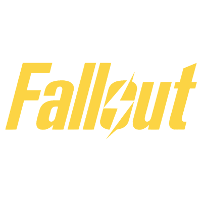 Logo amarelo da palavra Fallout em fundo branco