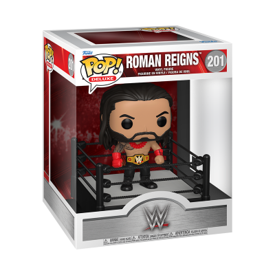 Figura vinil Pop! Deluxe Roman Reigns WWE no ringue com embalagem.