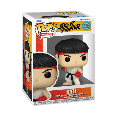 Funko Pop Ryu de Street Fighter em caixa branca e laranja