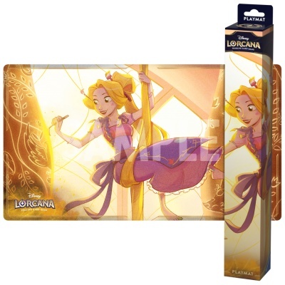 Tapete de jogo com ilustração da personagem Rapunzel da Disney Lorcana em tons amarelo e lilás