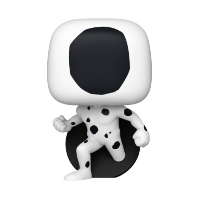 Figura funko pop branca com manchas pretas, posição a correr