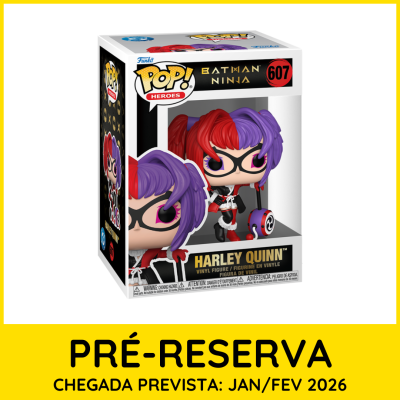 Funko Pop! de Harley Quinn com cabelo vermelho e roxo na caixa.