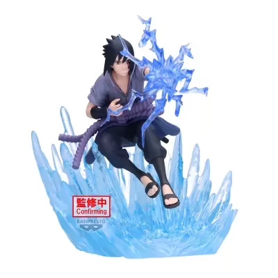 Figura de ação de personagem anime com efeito chakra azul sobre base azul