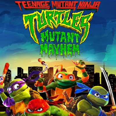 Capa do jogo Teenage Mutant Ninja Turtles Mutant Mayhem com quatro tartarugas ninjas e cidade ao fundo
