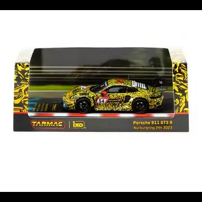 Miniatura de Porsche 911 GT3 R amarelo e preto na embalagem