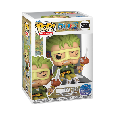 Figura Funko Pop Roronoa Zoro One Piece com espada e carne na caixa