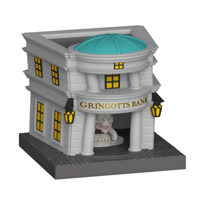 Modelo plástico do banco Gringotts com colunas e dragão interior
