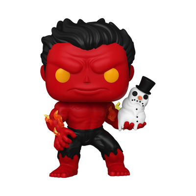 Figura Funko Pop de personagem vermelho com boneco de neve