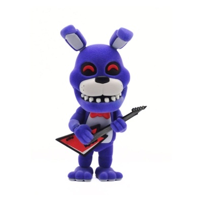 Figura de peluche roxa com gravata vermelha e guitarra elétrica
