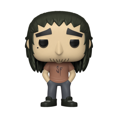 Figura colecionável Funko Pop com cabelo comprido, camiseta rosa com 'SF' e calças azuis