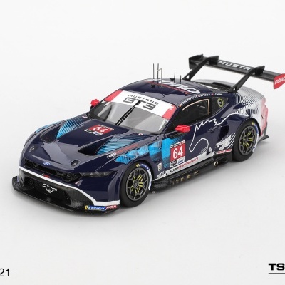 Miniatura de carro de corrida Ford Mustang GT3 azul escuro com detalhes coloridos e número 64