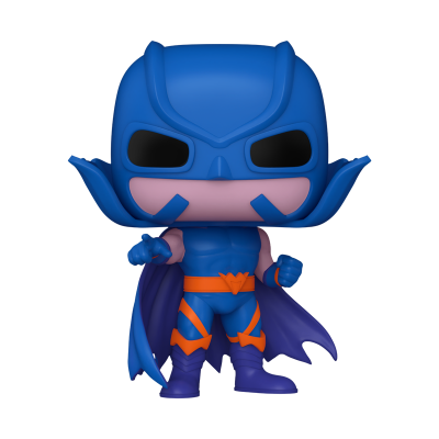 Figura colecionável mascarado azul com detalhes laranja e capa roxa