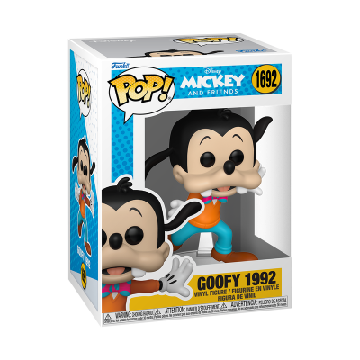 Caixa Funko Pop com figura de Goofy 1992 em vinil, fundo azul com texto e número 1692.