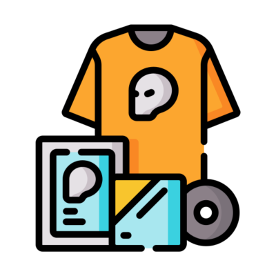 Conjunto de merchandising com t-shirt laranja e caveira cinzenta