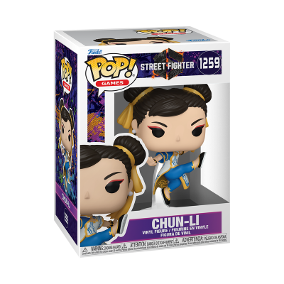 Figura Funko Pop! Chun-Li do jogo Street Fighter em vinil azul com detalhes amarelos na caixa