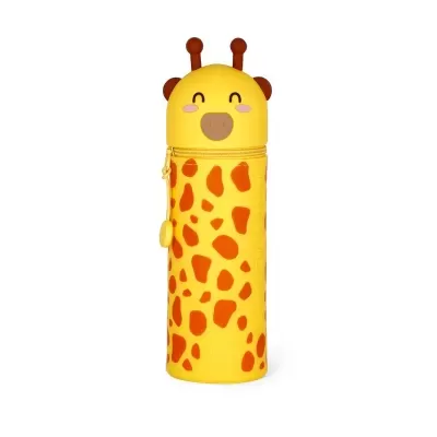 Estojo amarelo com padrão de girafa e tampa em forma de cabeça de girafa