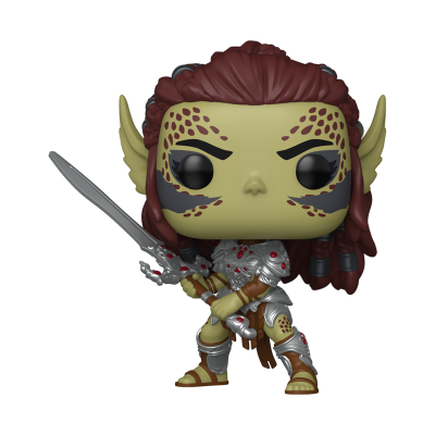 Figura colecionável estilo Funko Pop de um guerreiro com pele verde e manchas castanhas e armadura