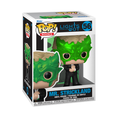 Caixa Funko Pop com figura de Mr. Strickland com máscara verde e terno preto