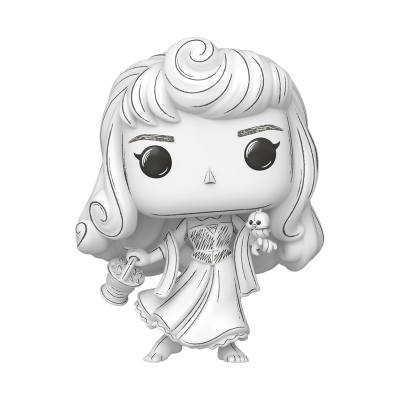 Figura colecionável Funko Pop com cabelo ondulado, vestido longo, novelo de linha e gato pequeno