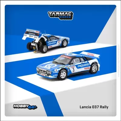 Modelo miniatura Lancia 037 Rally azul e branco com logótipos de patrocinadores