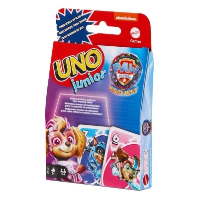 Caixa do jogo de cartas UNO Junior Paw Patrol Mighty Movie com personagens Skye e Chase