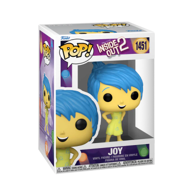 Funko Pop Joy Inside Out 2, figura de vinil azul e amarela na caixa