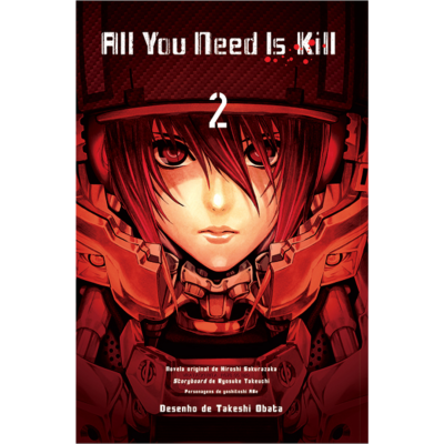 Capa do livro All You Need Is Kill 2 com personagem de anime vestindo armadura vermelha.
