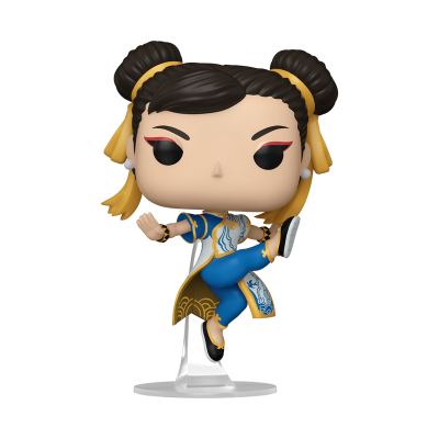 Figura colecionável Funko Pop de personagem em pose de pontapé com traje azul e dourado.