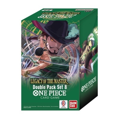 Caixa verde de baralho de cartas do jogo One Piece com ilustrações de personagens