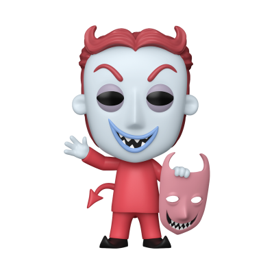 Boneco personagem demoníaco com rosto azul, roupa vermelha e máscara rosa