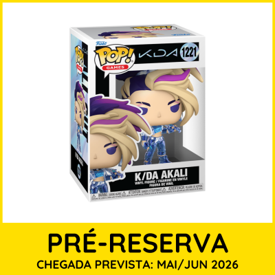 Figura vinyl POP! Games K/DA Akali na caixa com texto de pré-reserva e data prevista