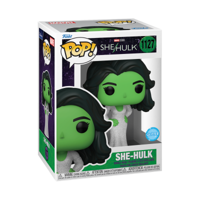 Figura colecionável POP! She-Hulk verde de vestido branco em caixa de coleção