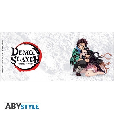 Logo e personagens do anime Demon Slayer num fundo cinza claro texturizado.