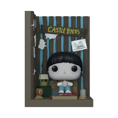 Figura Funko Pop de personagem sentada numa cama com fundo de madeira e nome CASTLE BYERS