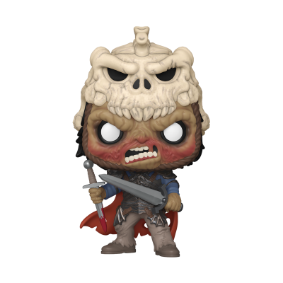 Figurine colecionável estilo Funko Pop de guerreiro com máscara de caveira branca e espada