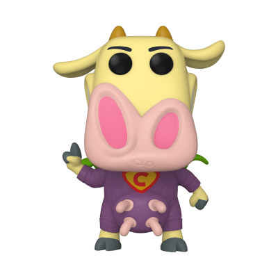 Figura de vinil Funko Pop de vaca amarela com roupa roxa e símbolo 'C'