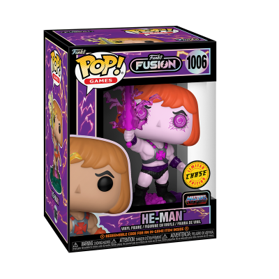 Figura colecionável Funko Pop! He-Man com cabelo laranja e machado roxo em caixa