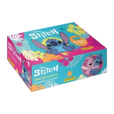 Caixa colorida de coleção de fotocartões Disney Stitch com personagens e texto