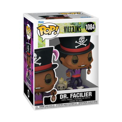 Figura Funko Pop! Dr. Facilier de vinil, com chapéu preto, terno roxo, na caixa original com janela