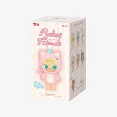 Caixa do produto POP MART Molly Pocket Friends com boneca e personagens.