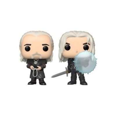 Duas figuras Funko Pop com cabelo branco e roupas pretas, uma com espada e escudo azul translúcido, outra com arma curva.