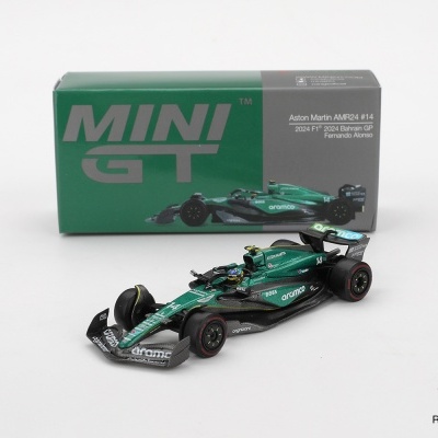 Miniatura de carro de corrida Aston Martin verde e preta com caixa MINI GT