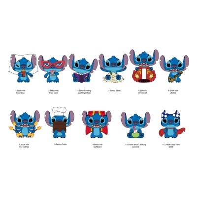 Coleção de figuras de Stitch com diferentes acessórios e roupas, em fundo branco.