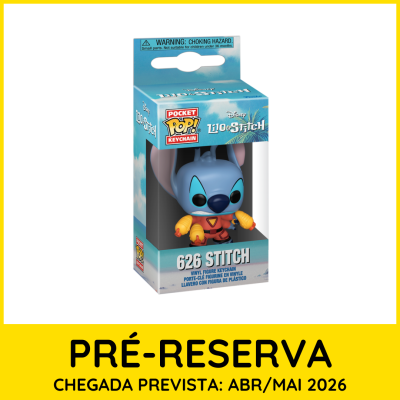 Figura de vinil Pocket Pop! Keychain Stitch 626 em embalamento azul com texto de pré-reserva.