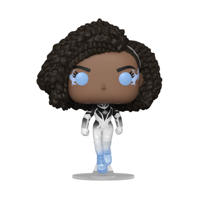 Figura Funko Pop feminina com cabelo cacheado e traje futurista branco com detalhes pretos e azuis