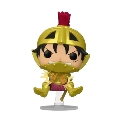 Figurinha de vinil de personagem com armadura dourada e capacete com penacho vermelho.